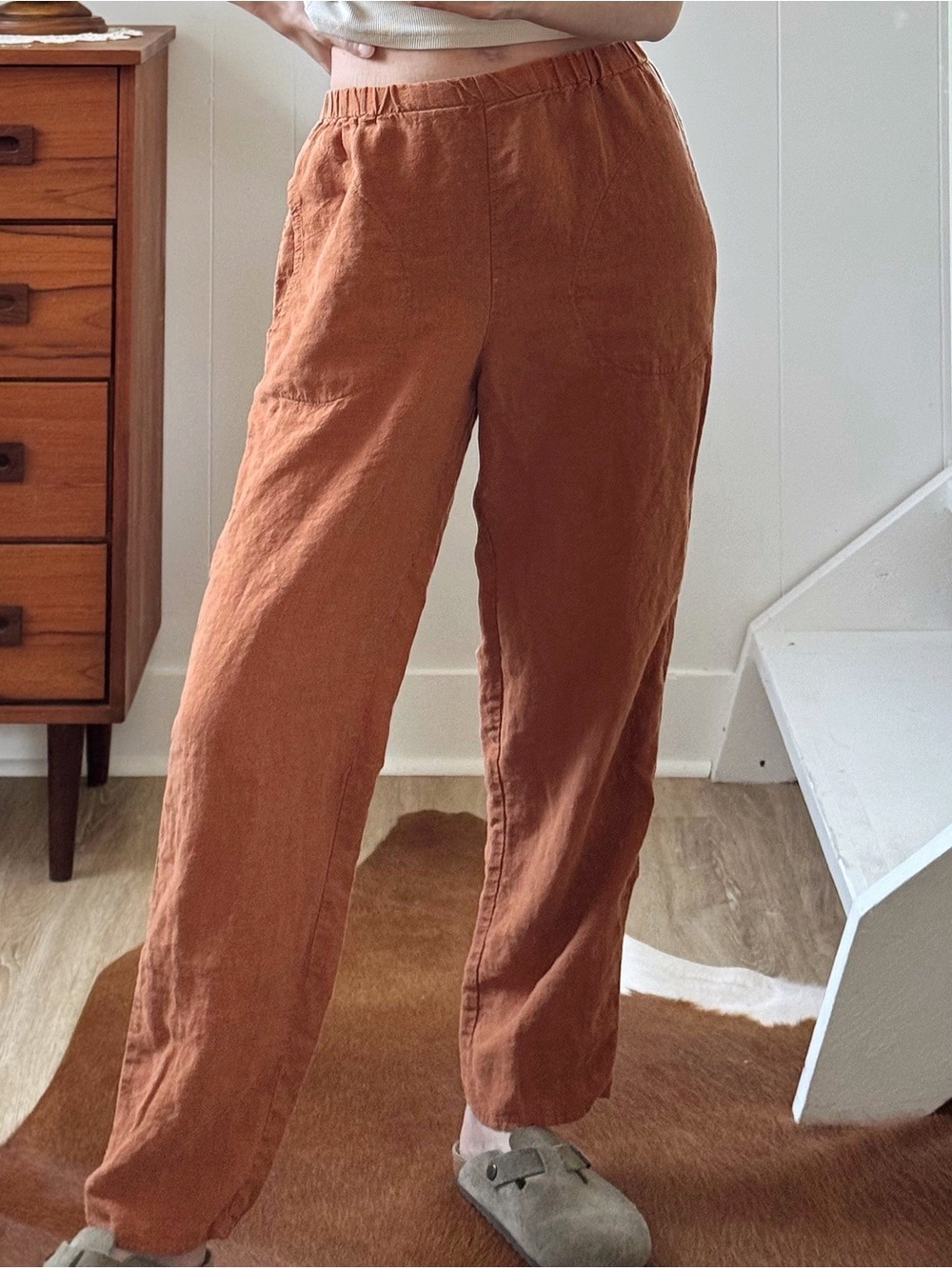 Linen high rise pants in terracotta rust brown | relaxed fit | full length